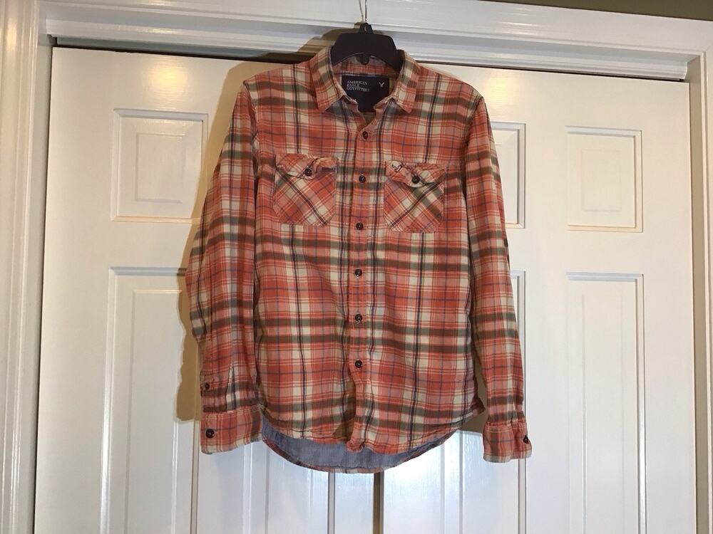 American Eagle Y2K 2009 Men's M Orange Plaid Vintage Fit Button-Up Preppy Frat